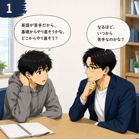 1コマ目 高校生「英語が苦手だから、基礎からやり直そうかな。どこからやり直そう？」 先生「なるほど、いつから苦手なのかな？」