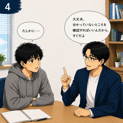 4コマ目 高校生「たしかに・・・」 先生「大丈夫、分かっていないところを確認すればいいんだから、すぐだよ」