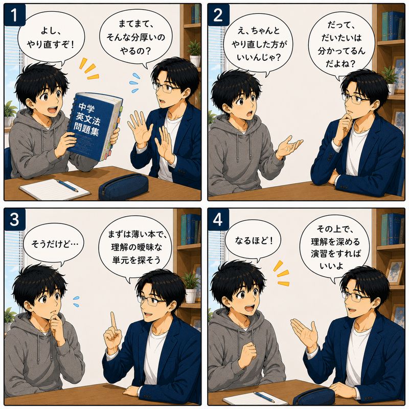 1コマ目 高校生「よし、やり直すぞ！」（分厚い問題集） 先生「まてまて、そんな分厚いのやるの？」 2コマ目 高校生「え、ちゃんとやり直した方がいいんじゃ？」 先生「だって、だいたいは分かってるんだよね？」 3コマ目 高校生「そうだけど…」 先生「きちんと理解できていない単元を確認しよう」 4コマ目 先生「その上で、理解を深める演習をすればいいよ」 高校生「なるほど！」
