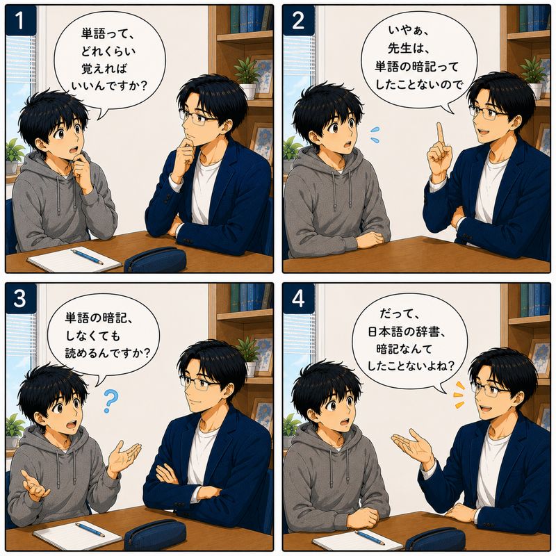 1コマ目 生徒「単語って、どれくらい覚えればいいんですか？」 2コマ目 先生「いやぁ、先生は、単語の暗記ってしたことないので」 3コマ目 生徒「単語の暗記、しなくても読めるんですか？」 4コマ目 先生「だって、日本語の辞書、暗記なんてしたことないよね？」