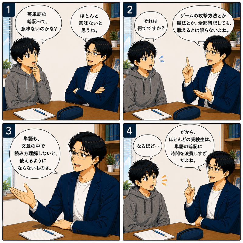 1コマ目 高校生「英単語の暗記って、意味ないのかな？」 先生「ほとんど意味ないと思うね。」 2コマ目 高校生「それは何でですか？」 先生「ゲームの攻撃方法とか魔法とか、全部暗記しても、戦えるとは限らないよね。」 3コマ目 先生「単語も、文章の中で読み方理解しないと、使えるようにならないものさ。」 4コマ目 先生「だから、ほとんどの受験生は、単語の暗記に時間を浪費しすぎだよね。」 高校生「なるほど…」