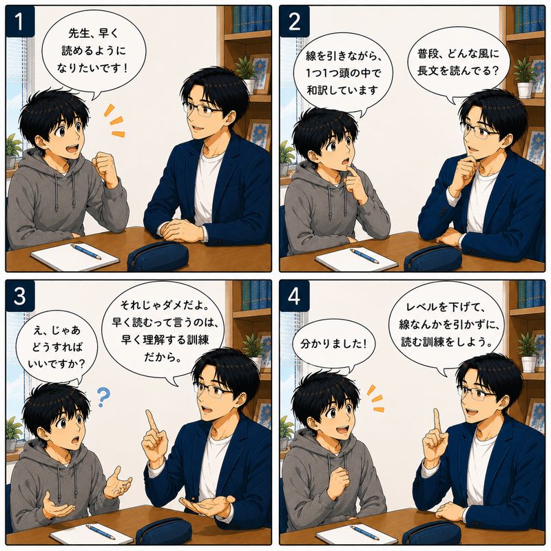 1コマ目 高校生「先生、早く読めるようになりたいです！」 2コマ目 先生「普段、どんな風に長文を読んでる？」 高校生「線を引きながら、1つ1つ頭の中で和訳しています」 3コマ目 先生「それじゃダメだよ。早く読むって言うのは、早く理解する訓練だから。」 高校生「え、じゃあどうすればいいですか？」 4コマ目 先生「レベルを下げて、線なんかを引かずに読む訓練をしよう。」 高校生「分かりました！」