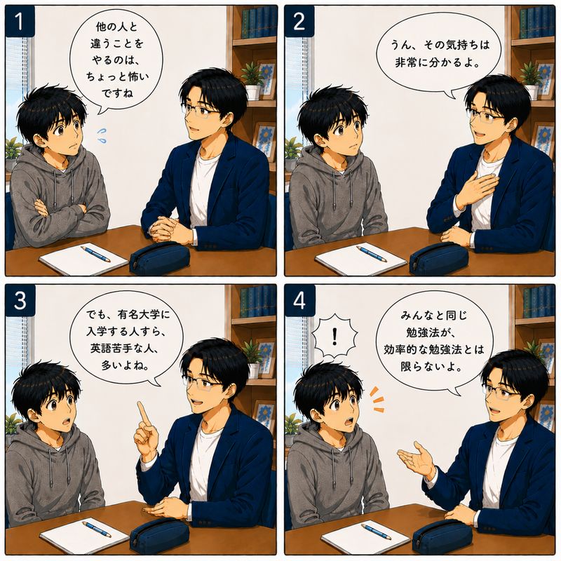 1コマ目 高校生「他の人と違うことをやるのは、ちょっと怖いですね」 2コマ目 先生「うん、その気持ちは非常に分かるよ。」 3コマ目 先生「でも、有名大学に入学する人すら、英語苦手な人、多いよね。」 4コマ目 先生「みんなと同じ勉強だと、君も英語が苦手・嫌いになるんじゃない？」