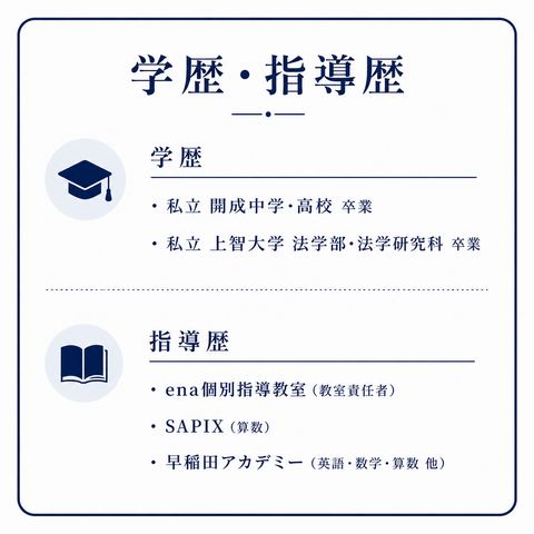 学歴 私立 開成中学・高校 卒業 私立 上智大学 法学部・法学研究科 卒業 ────── 指導歴 ena個別指導教室 （教室責任者） SAPIX （算数） 早稲田アカデミー （英語・数学・算数 他）