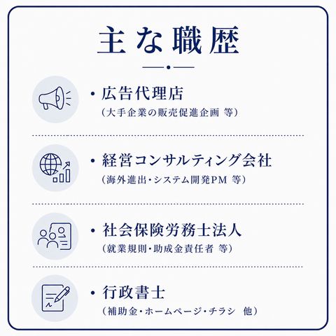 主な職歴 ・広告代理店 （大手企業の販売促進企画 等） ・経営コンサルティング会社 （海外進出・システム開発PM 等） ・社会保険労務士法人 （就業規則・助成金責任者 等） ・行政書士 （補助金・ホームページ・チラシ 他）