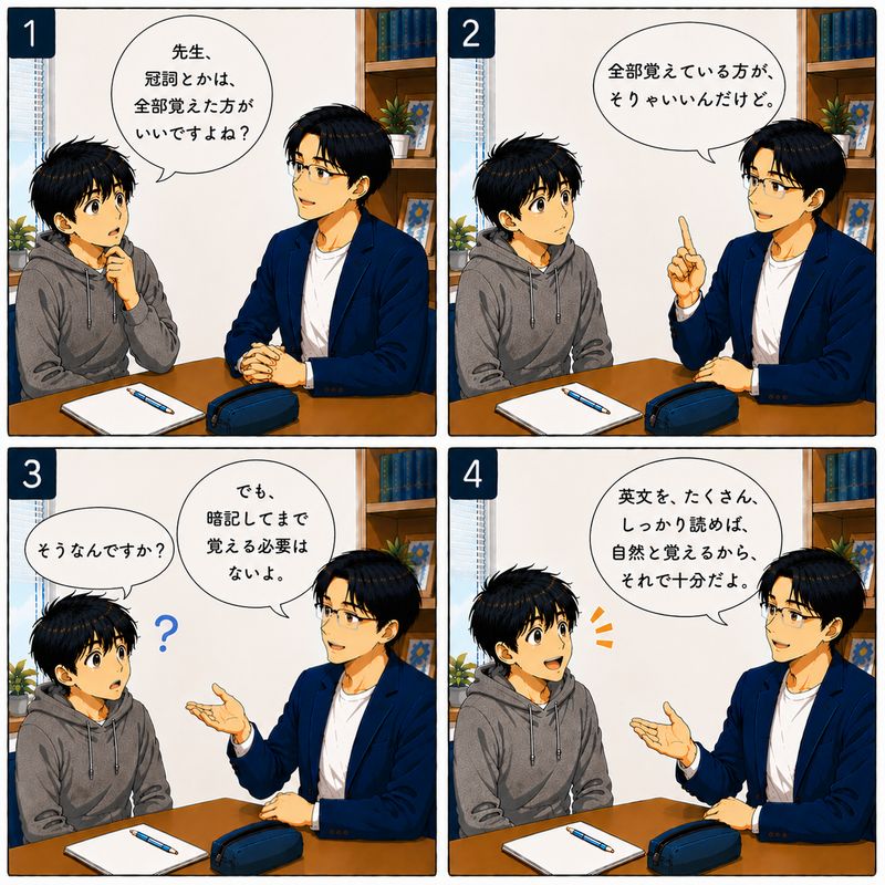英語やり直し日記 冠詞等は暗記した方がいい？ 1コマ目 高校生「先生、冠詞とかは、全部覚えた方がいいですよね？」 2コマ目 先生「全部覚えている方が、そりゃいいんだけど。」 3コマ目 先生「でも、暗記してまで覚える必要はないよ。」 高校生「そうなんですか？」 4コマ目 先生「英文を、たくさん、しっかり読めば、自然と覚えるから、それで十分だよ。」