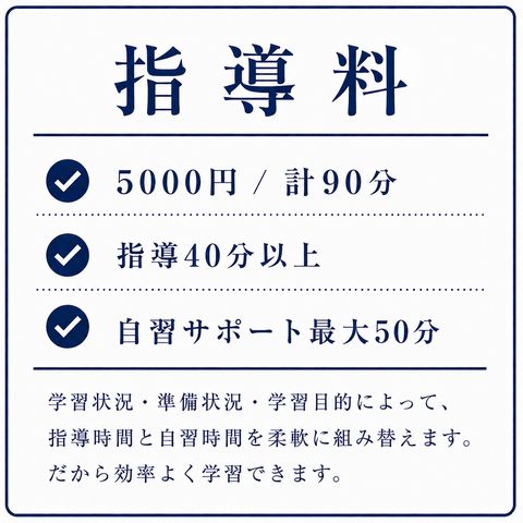 指導料 ・5000円/計90分 ・指導40分以上 ・自習サポート最大50分 学習状況・準備状況・学習目的によって、指導時間と自習時間を柔軟に組み替えます。だから効率よく学習できます。